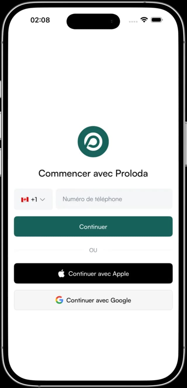 L’écran d’inscription « Commencer » de l’application Proloda