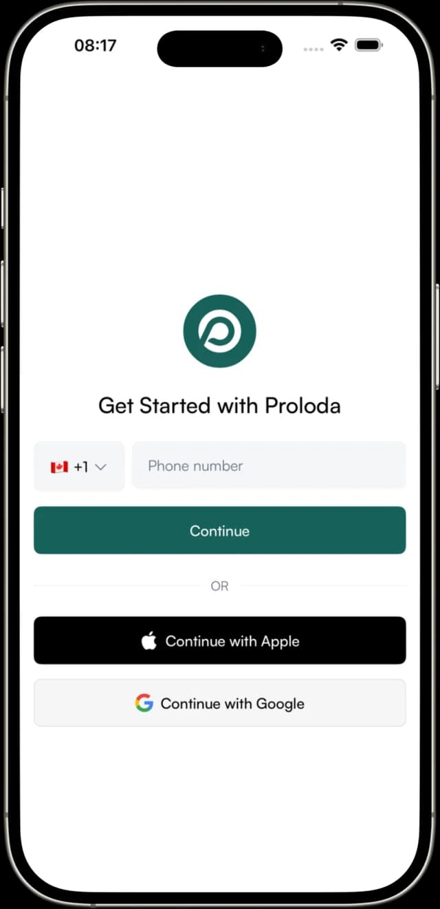 The Proloda app’s “Get Started” sign-up screen