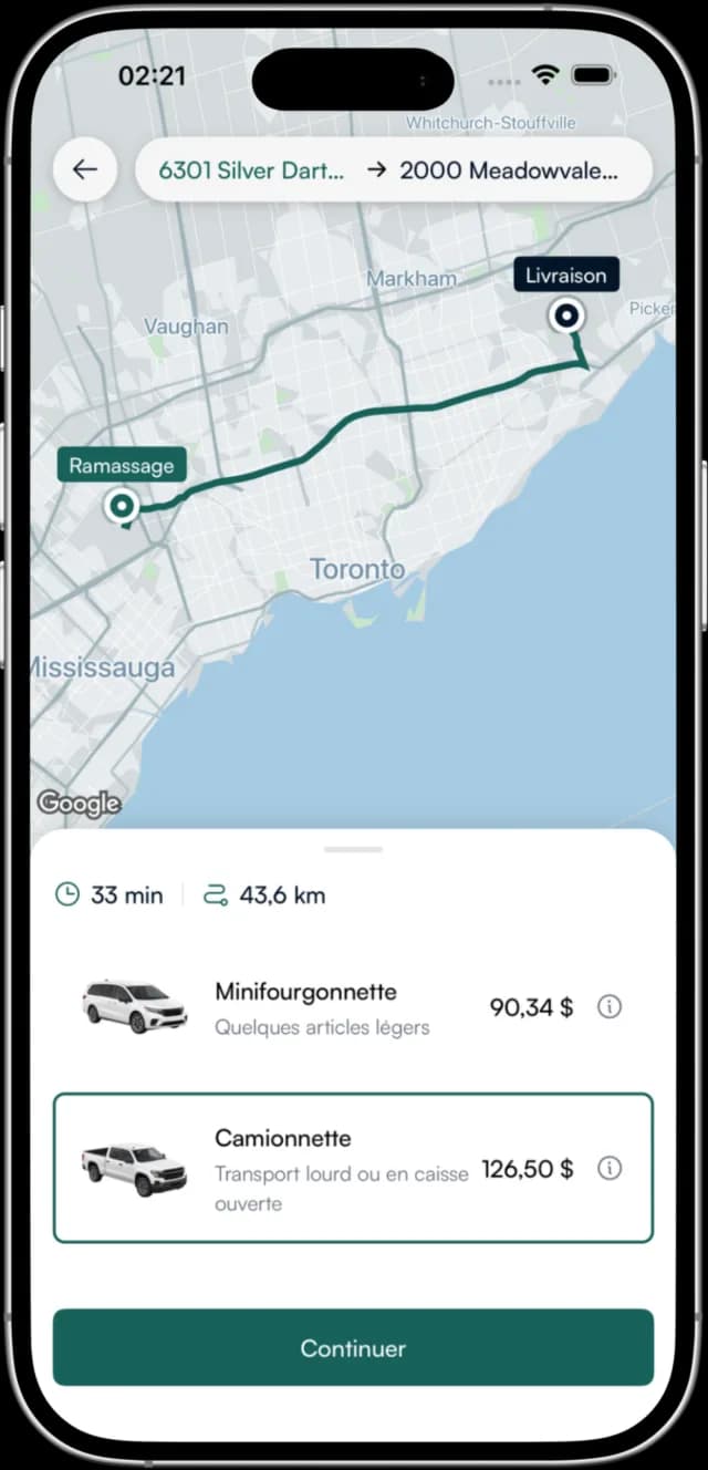 L’application Proloda affichant un trajet sur la carte et les prix d’une fourgonnette et d’une camionnette
