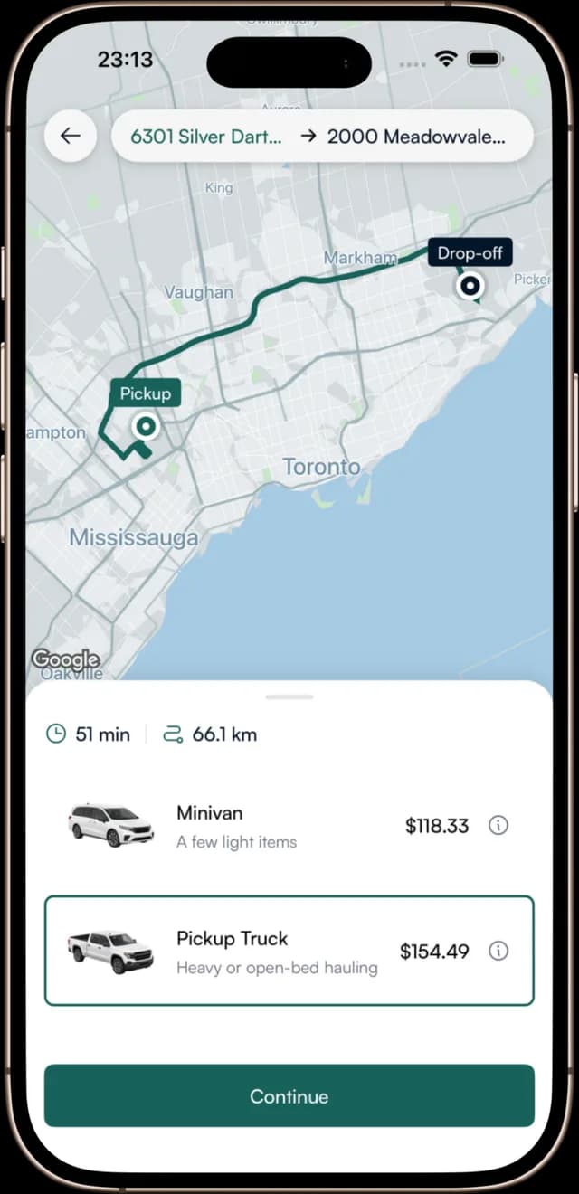 The Proloda app showing a route on the map with prices for a mini van and a pickup truck