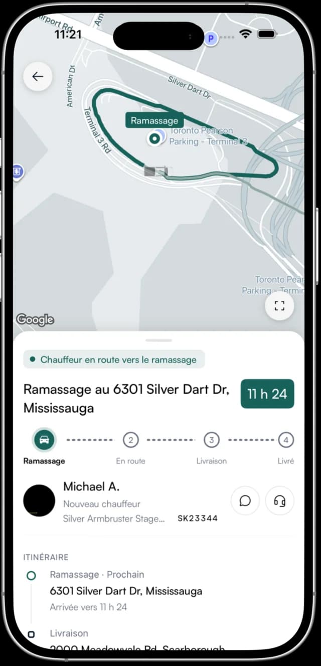 L’application Proloda qui suit un chauffeur sur la carte en route vers le ramassage, avec l’avancement et le trajet de la livraison
