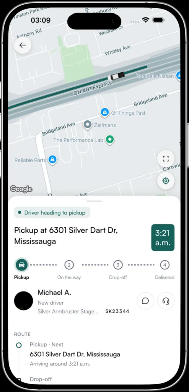 The Proloda app tracking a driver on the map on the way to pickup, with the delivery’s progress and route