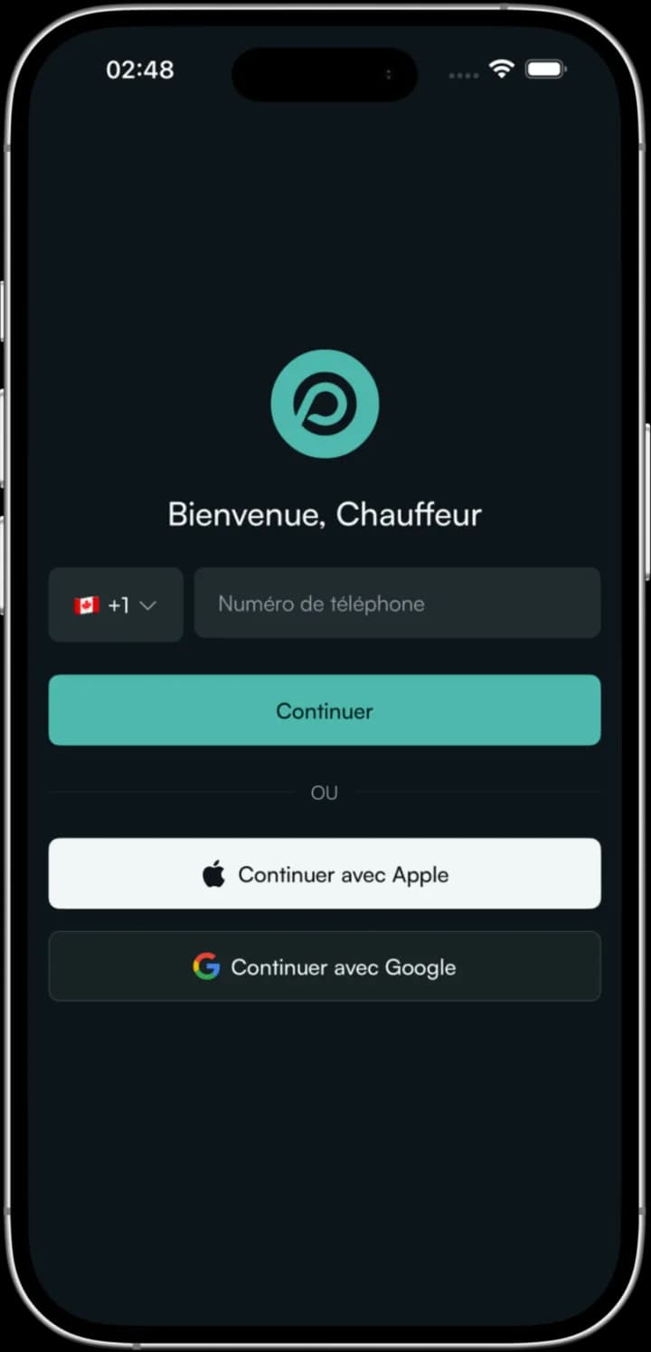 L’écran de connexion « Bienvenue, Chauffeur » de l’application Proloda Driver