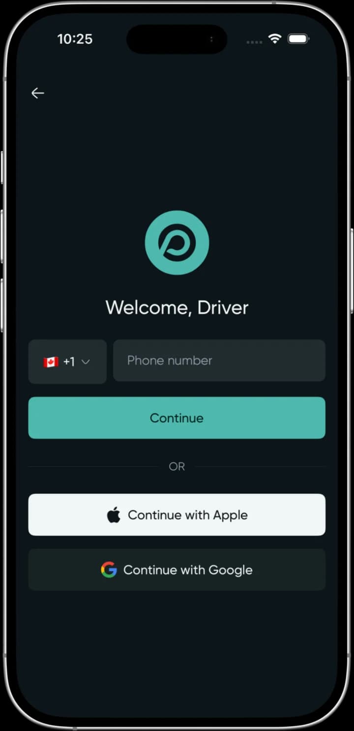 The Proloda Driver app’s “Welcome, Driver” sign-in screen