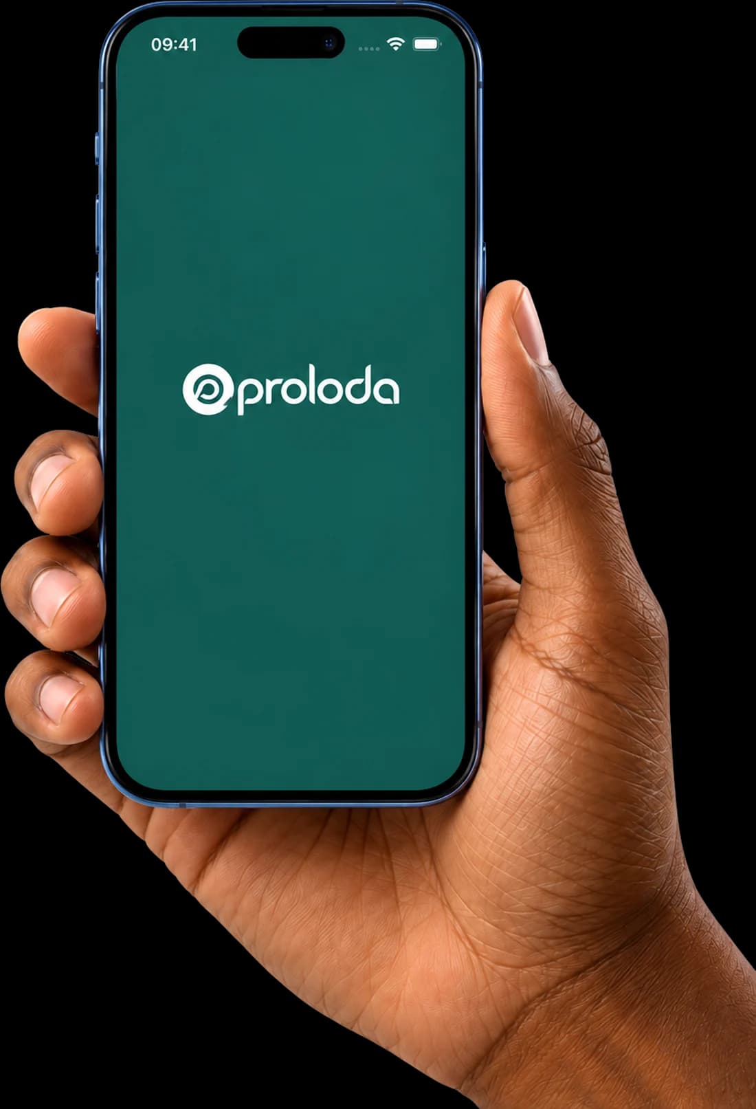 A hand holding a phone showing the Proloda app