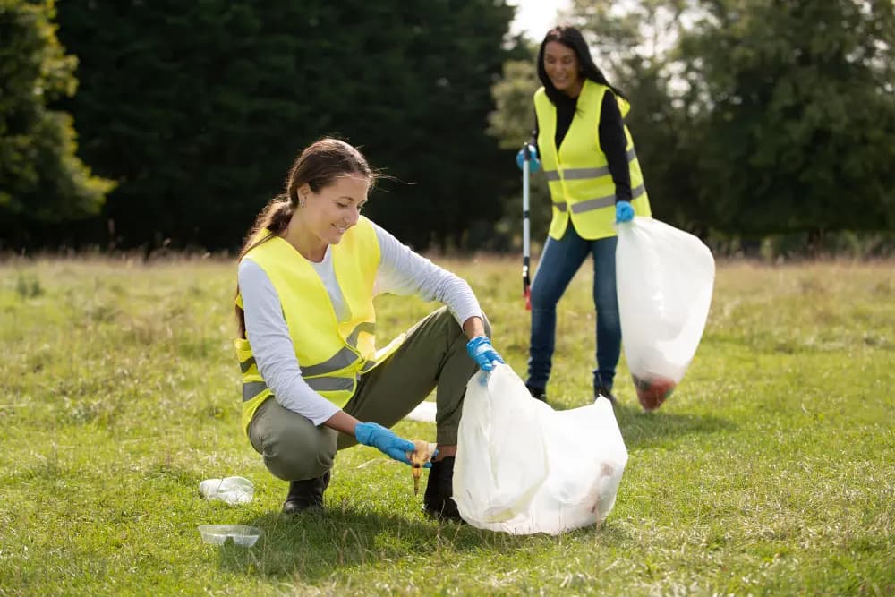 Two volunteers in yellow safety vests picking up litter into white bags in a grassy park