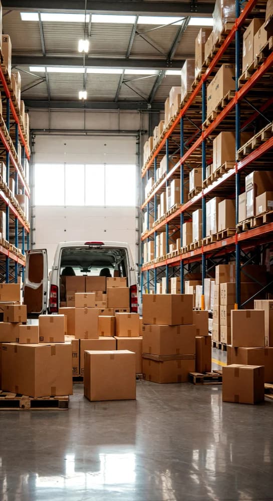 A cargo van with its rear doors open inside a warehouse, surrounded by cardboard boxes and tall shelving
